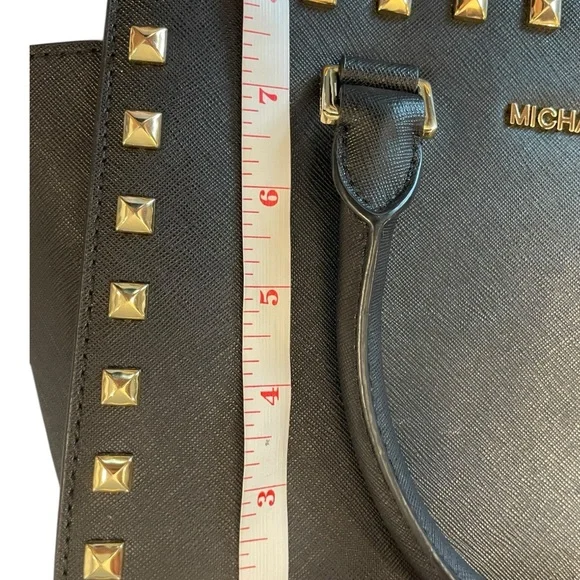 Michael Kors Black Studded Saffiano Leather Satchel‎ Crossbody Medium Purse Bag - Picture 12 of 15
